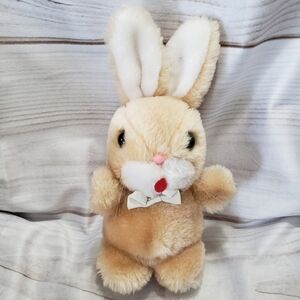 Vintage Plush Tan White Bunny Rabbit 5 Inch Felt Tongue Pink Nose White Bowtie
